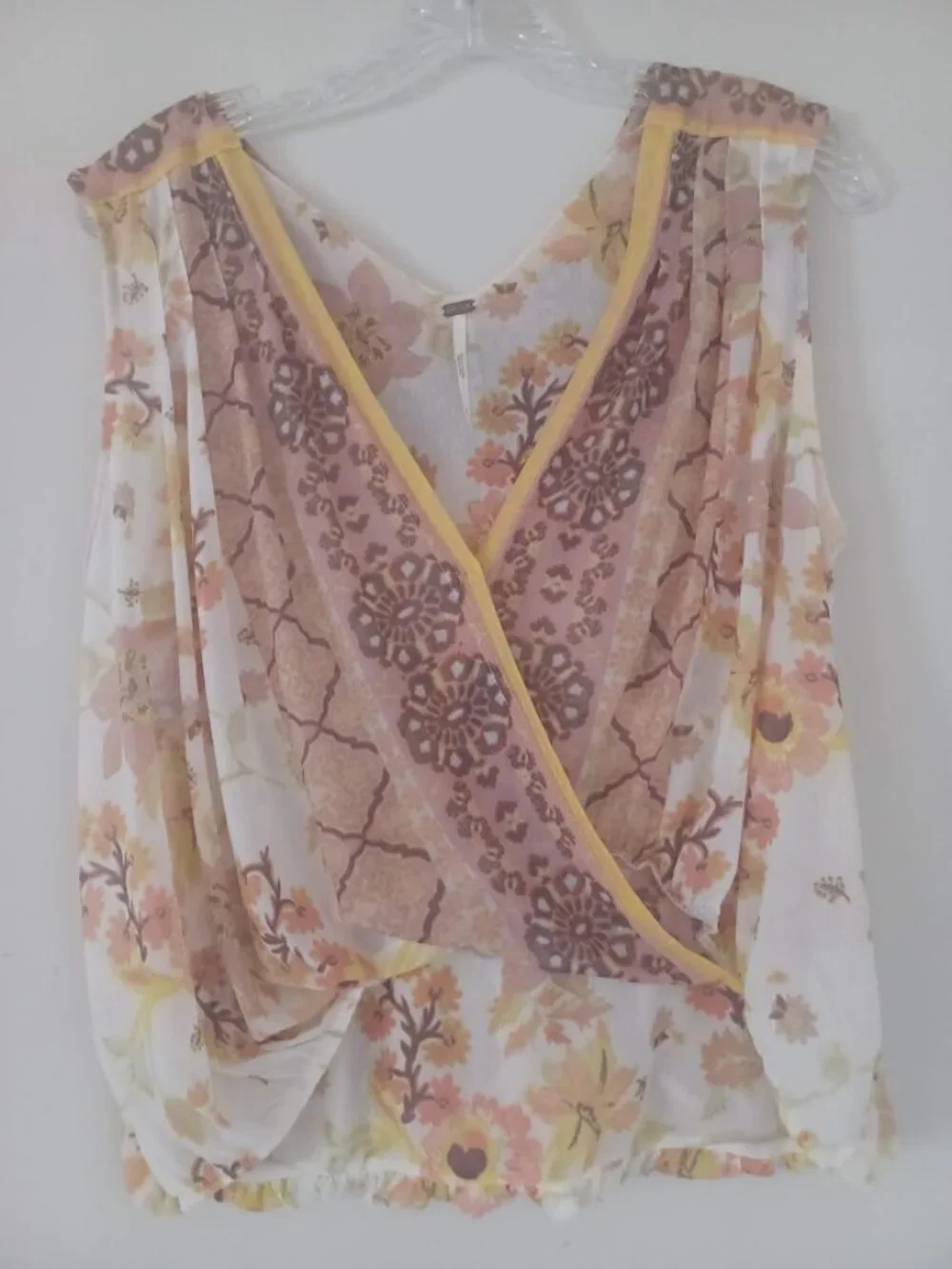 Free People XS Floral Surplice Wrap Tank Top Boho Bubble Hem Sleeveless Blouse